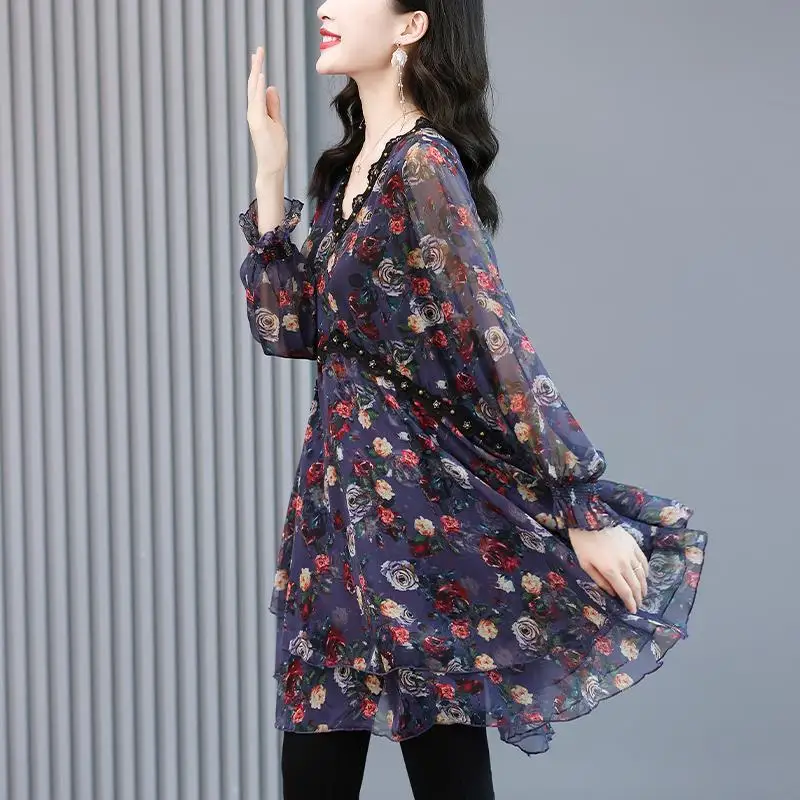 2024 Spring Summer New Office Lady Patchwork V-neck Long Sleeve Ladies Fashion Floral Mid Length Top Women Clothing Korean Tops