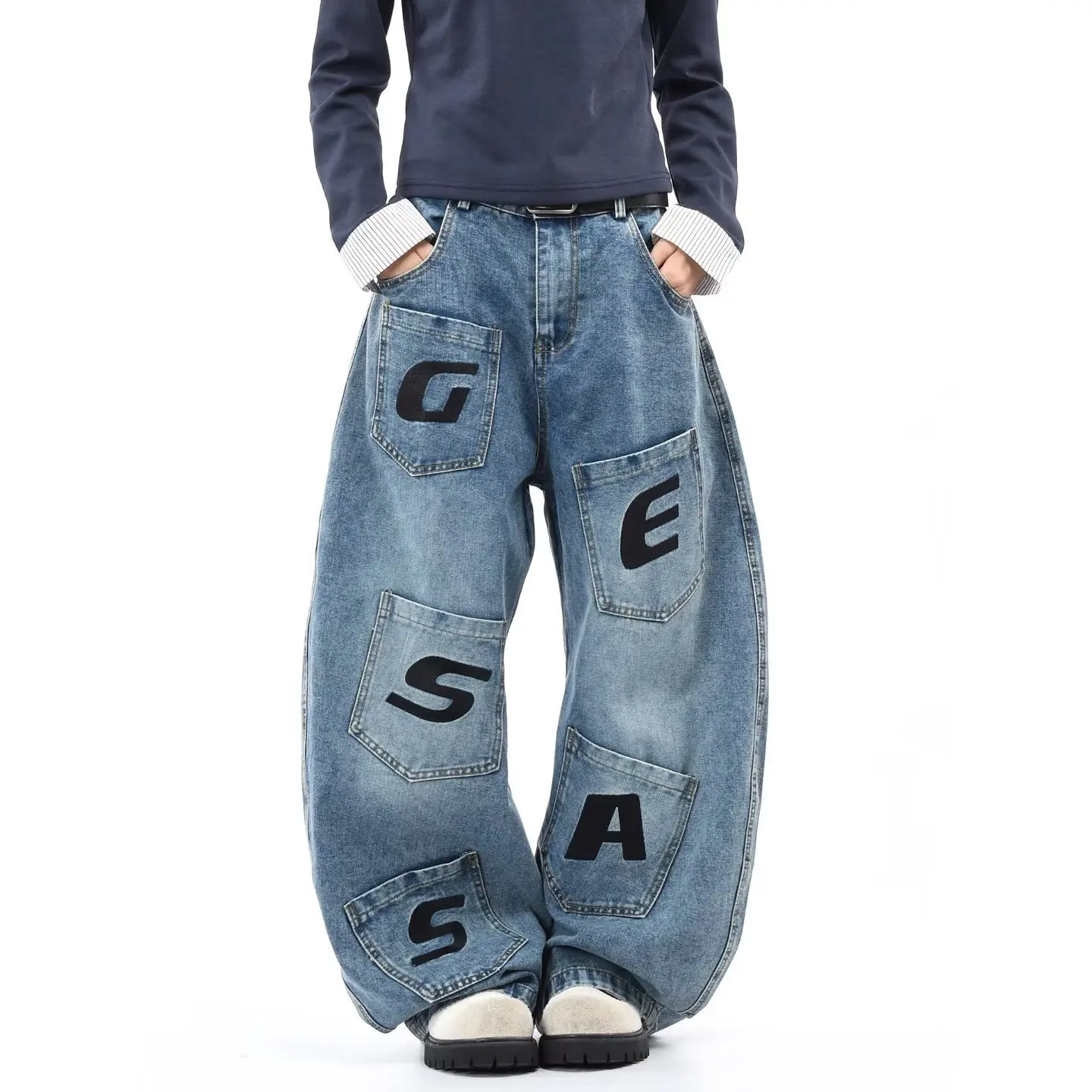 Women’s Vintage Graphic Print Denim Jeans Autumn Relaxed Fit Wide Leg Straight Leg Y2K Streetwear Trousers