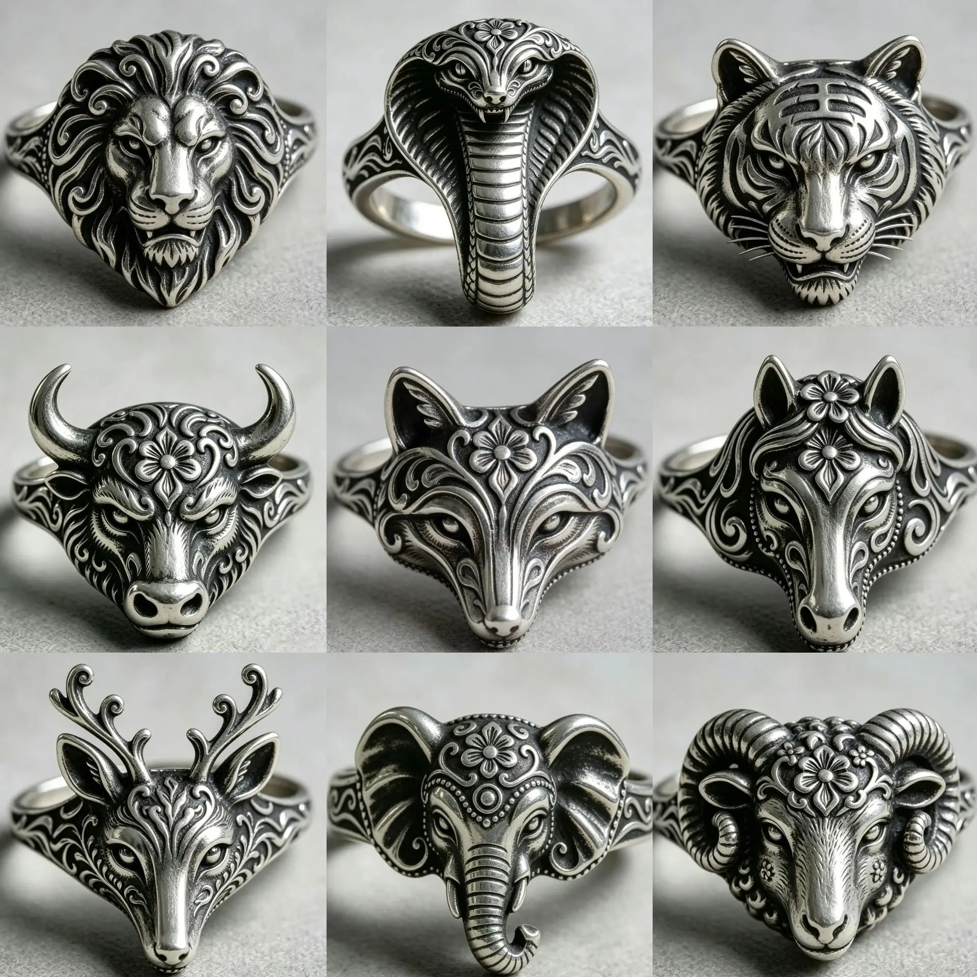 Vintage Copper Animal Ring Retro Carved Lion Tiger Snake Elephant Fox Deer Bull Gothic Punk Biker Band Jewelry Cool Unisex Gifts