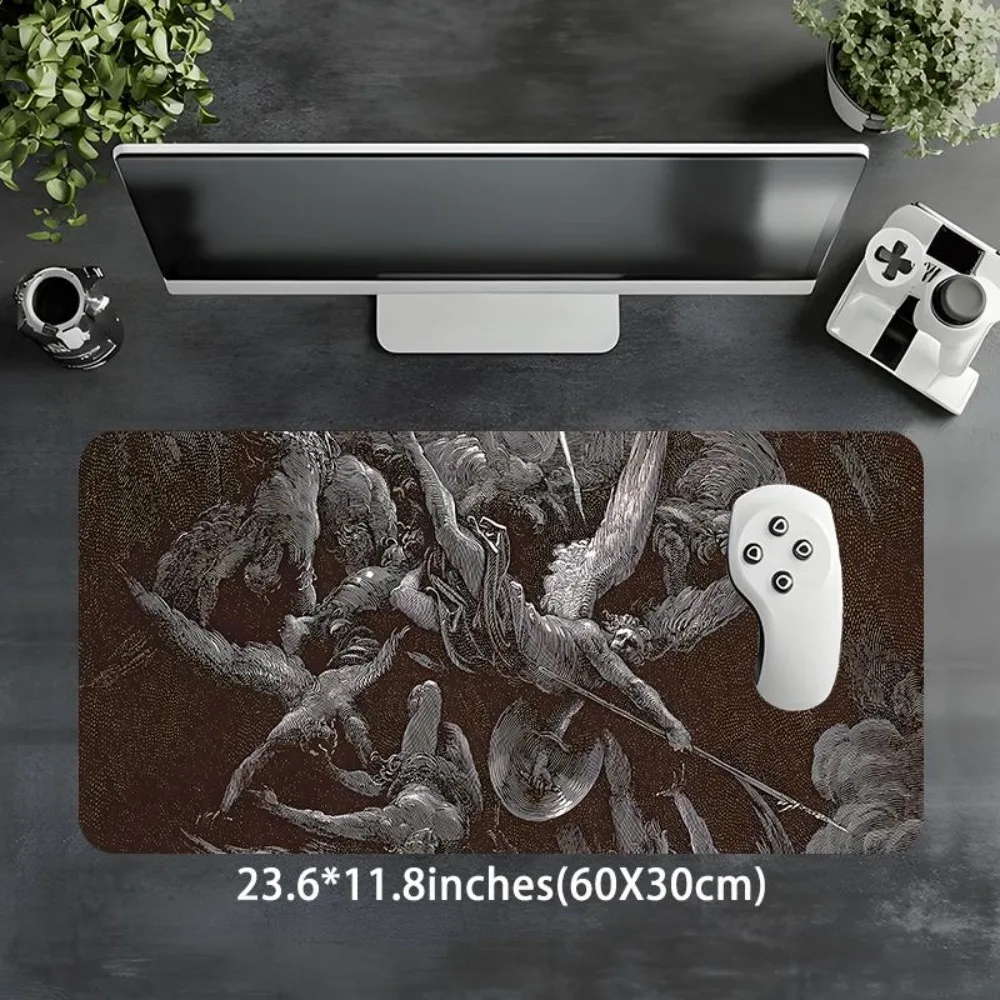 Large Religious Art Mouse Pad, Jesus & Devil Design, Non-Slip Rubber Base, Washable Lock Edge Gaming Desk Mat, Aesthetic Office