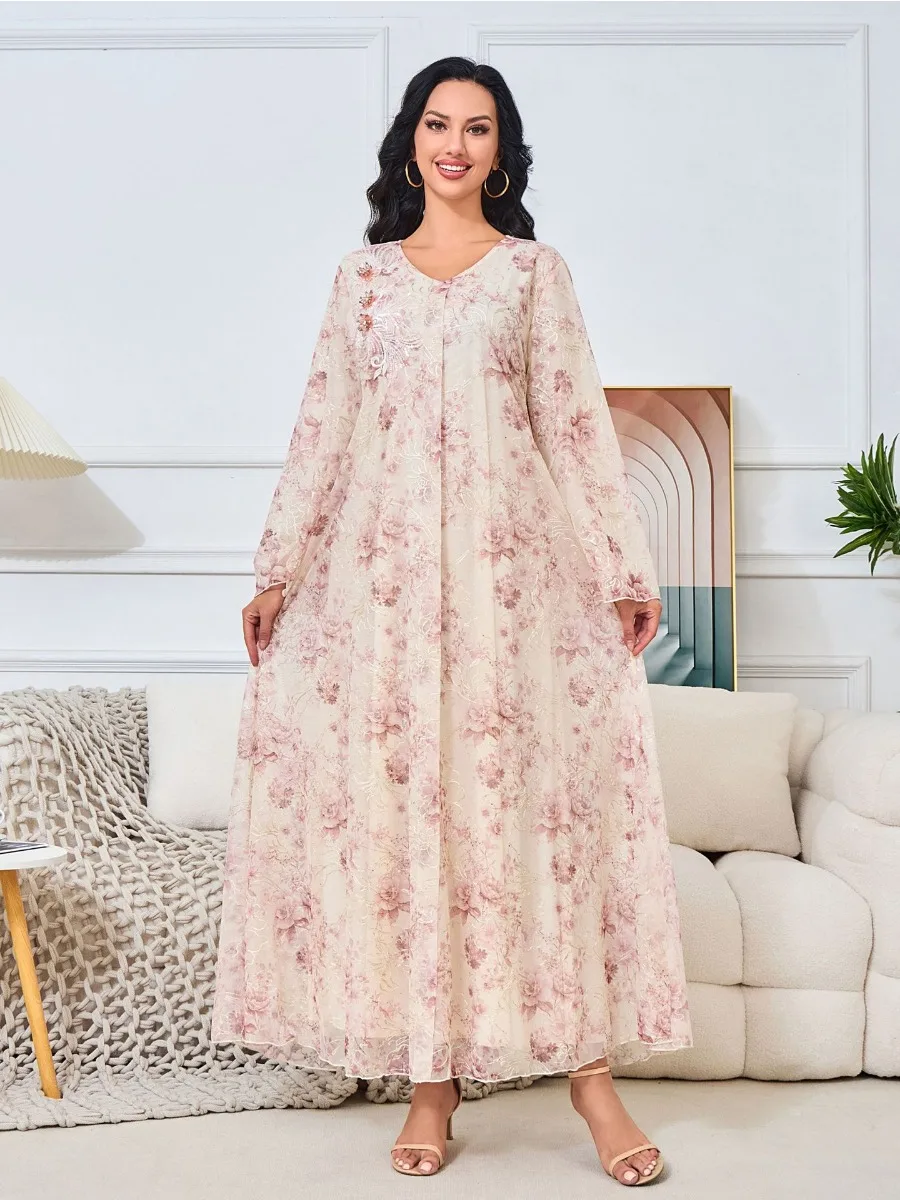 Eid Dubai Muslim Party Dress for Women Abaya Print Beading Jalabiya Long Dresses Morocco Kaftan Vestidos Ramadan Gown Robe 2024