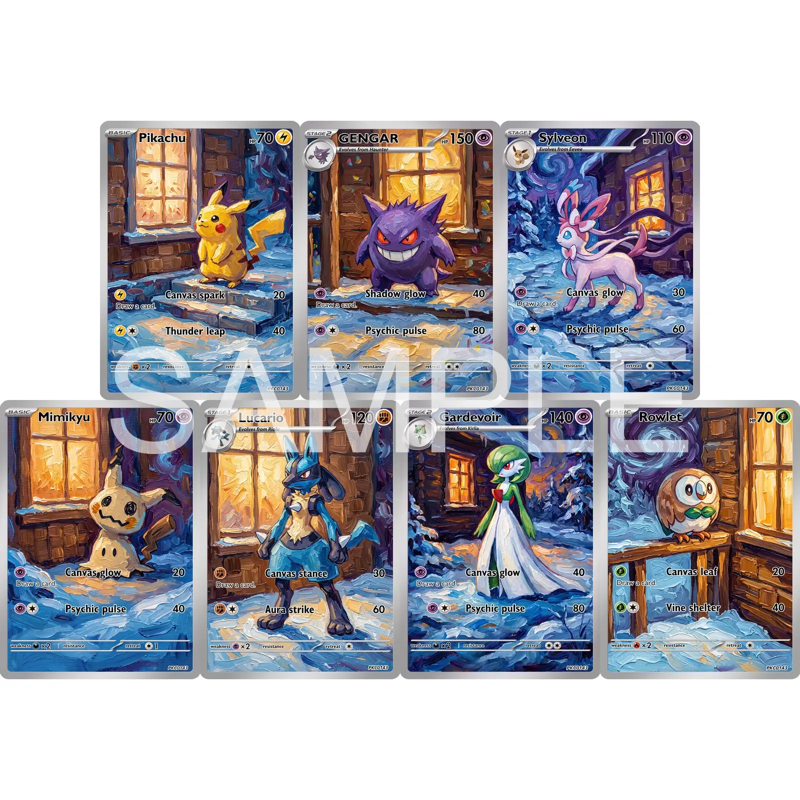 7Pcs PKM Cards PTCG Post Impressionist Oil Painting Style Gengar Sylveon Mimikyu Lucario Gardevoir Rowlet Collection Cards PTCG