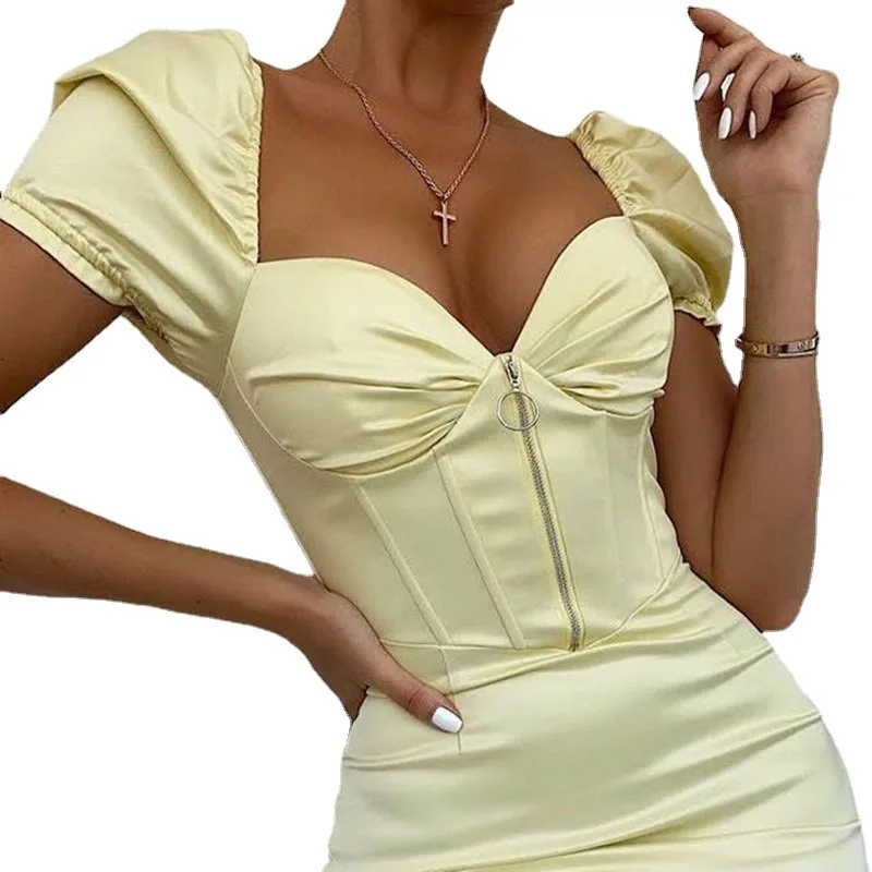 Damski top tuba w stylu INS, nowość na jesień 2021, jednolity kolor, satynowa sukienka z głębokim dekoltem w serek i bufiastymi rękawami, modna.