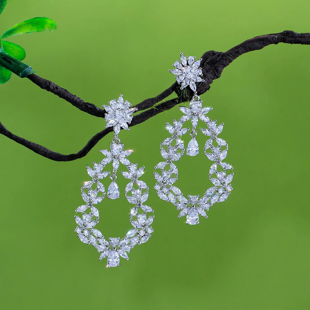 CWWZircons Fancy Sparkling Cubic Zirconia Setting Long Flower Drop Big Size Earring for Women Vintage Design Party Jewelry E0030