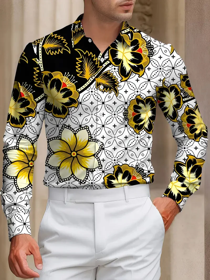 Summer Men's Shirt Flip-over Beach Shirt Long Sleeve Hawaiian Holiday Clothing Pink Pattern Shirt New Collection