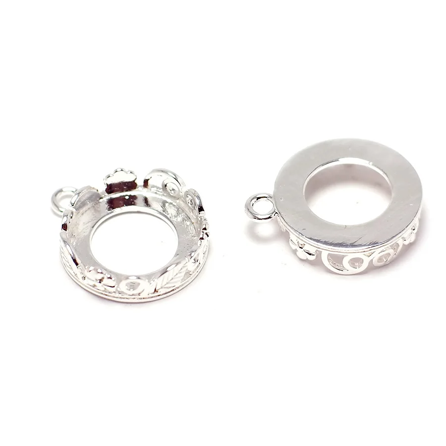 2pcs Round Charms,Silver Plated Brass Classic Vintage Charms,Leafs Flower Drop,Inlayable Pendant,Jewelry Necklace Making
