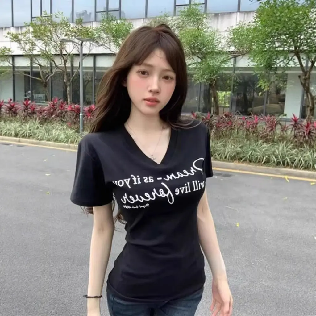 

Women's Summer Slimming V-Neck T-Shirt Pure Desire Letter Print Short-Sleeved Right Shoulder Design Versatile Hot Girl Look