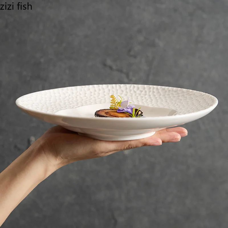 Circular Hammer Pattern Ceramic Plate White Salad Plate Thick Soup Plate Pasta Dessert Dish Serving Plates Restaurant Tableware