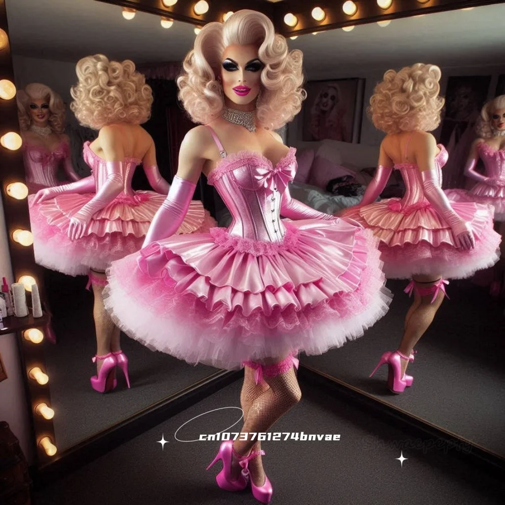 Abito da ballo gonfio Abito corto da ballo Lolita Abito da festa di compleanno rosa in organza di raso a strati Costume cosplay Sissy personalizzato