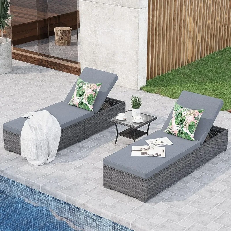 

Outdoor Chaise Lounge Chair with Coffee Table, Rattan Reclining Chaise Lounger with Adjustable Backrest and Removable Cushion