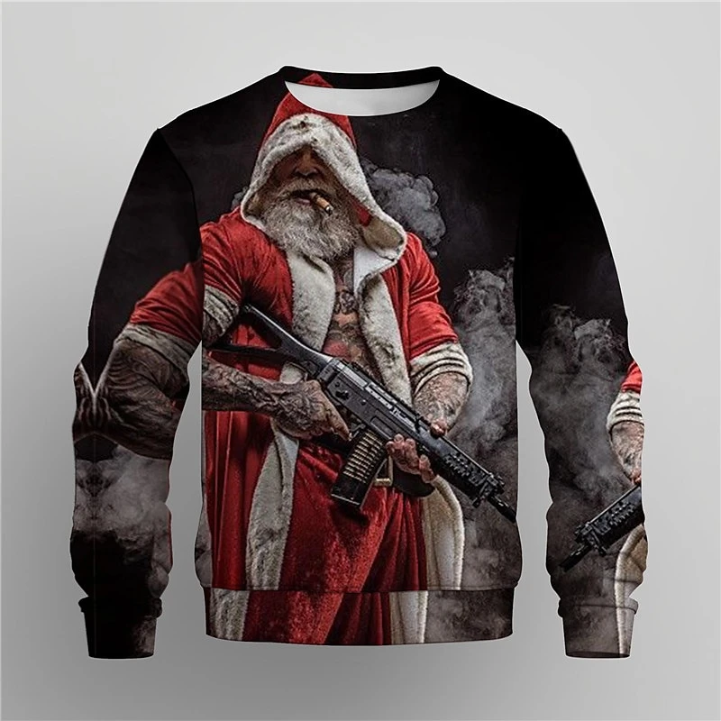 Trend Santa Claus With Gun Graphic Sweatshirts Fashion Long Sleeve Mens 3D Printed Crew Neck Hoodies Cool Streetwear Pullovers