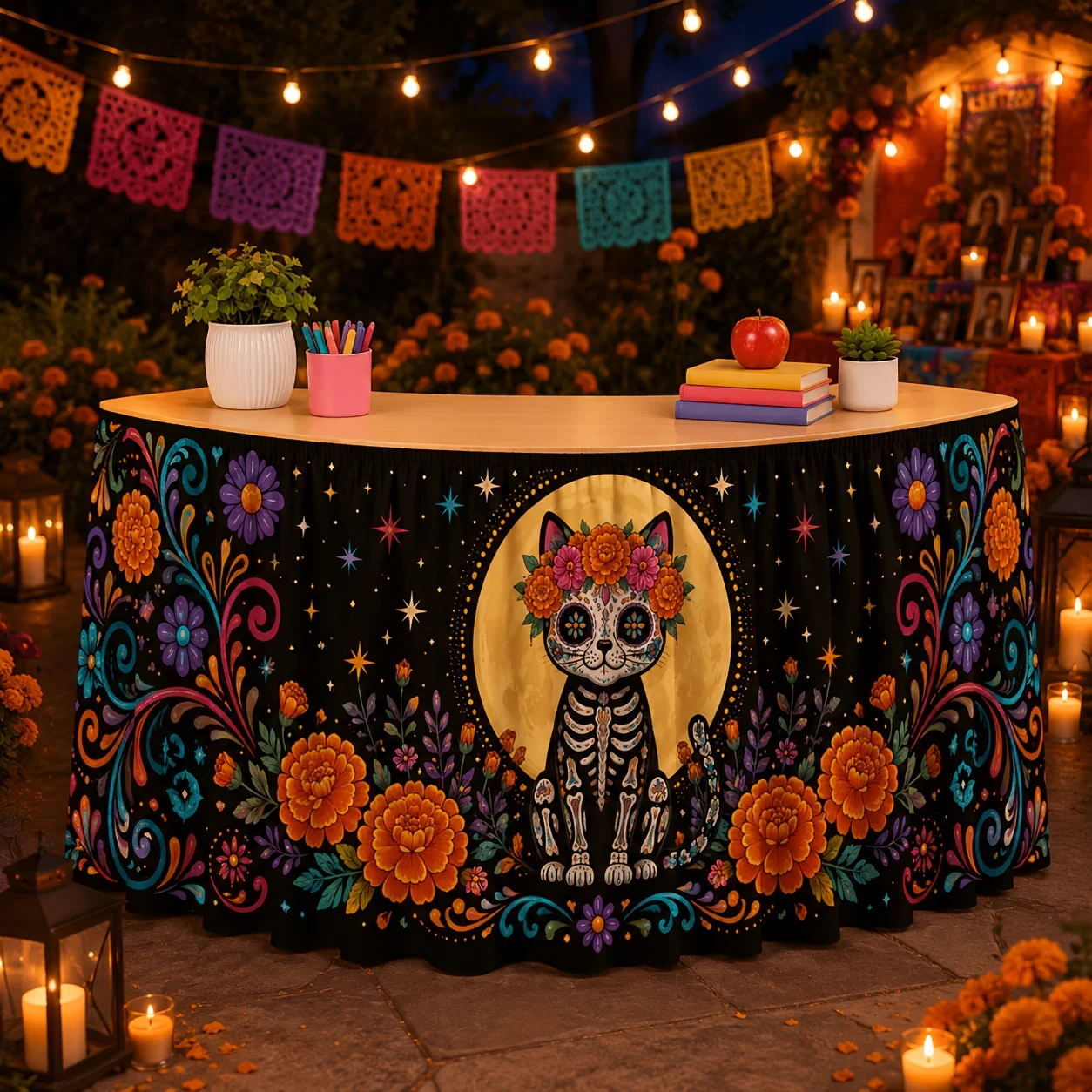 Table skirt/tableskirt1 Mexican Day of the Dead tablecloth with sugary skeleton cat and marigold motif