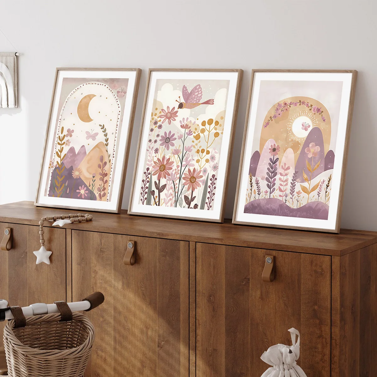 

3pcs/Set Bohemian Moon Sun Flower Wall Art Printed Canvas, Wildflower Girl Butterfly Bedroom Decoration Poster, Room Home Decor