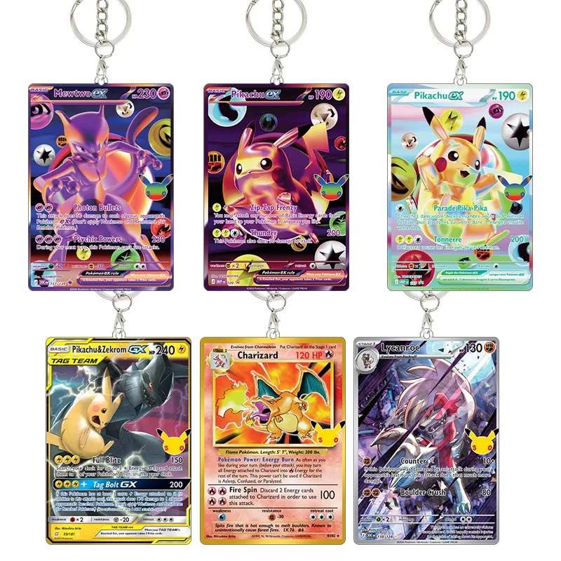 English 30th Acrylic Keychain TCG Mewtwo Ex Zekrom Cartoon Charizard Lycanroc Collection Game Cosplay Props Bag Pendant Gift