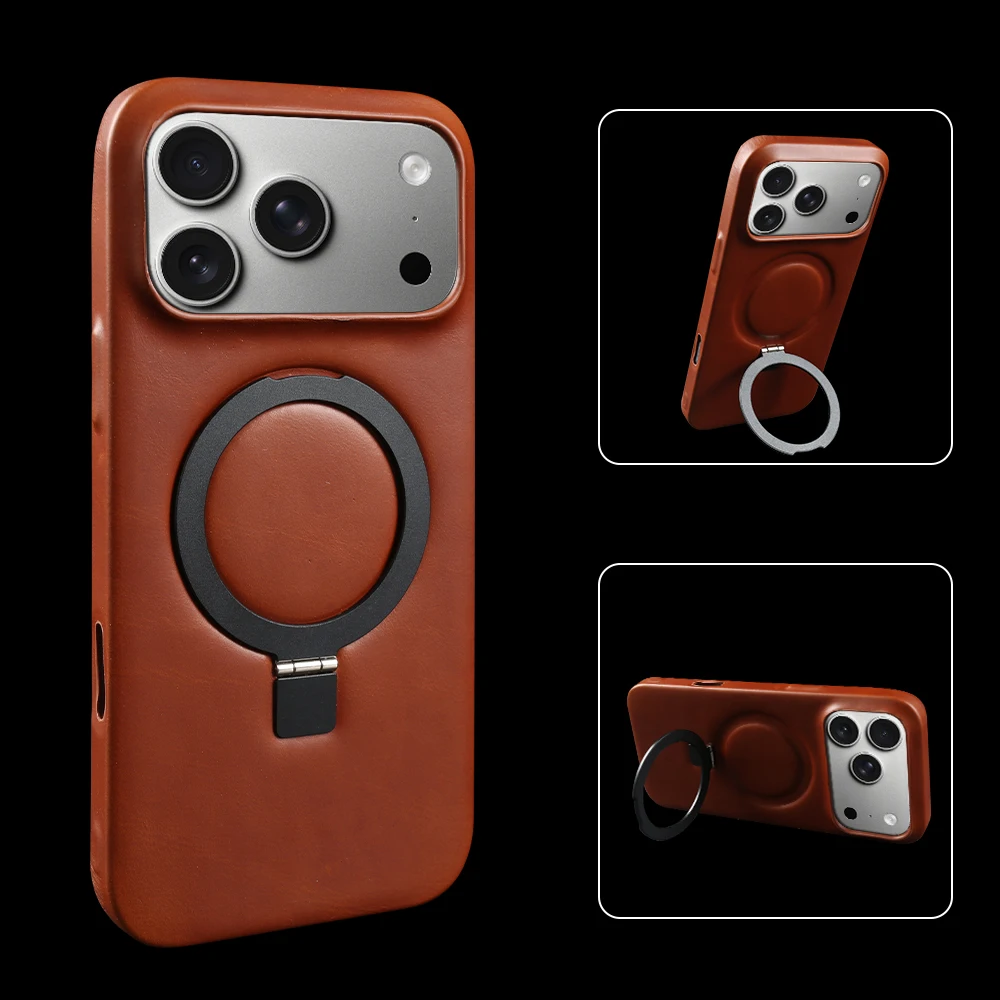 

Магнитный чехол-подставка из натуральной кожи для iPhone 17 Pro Max, 15 Plus, 14, 13, 12 Mini, 11, 16 Pro Max, задняя крышка с кольцом-держателем