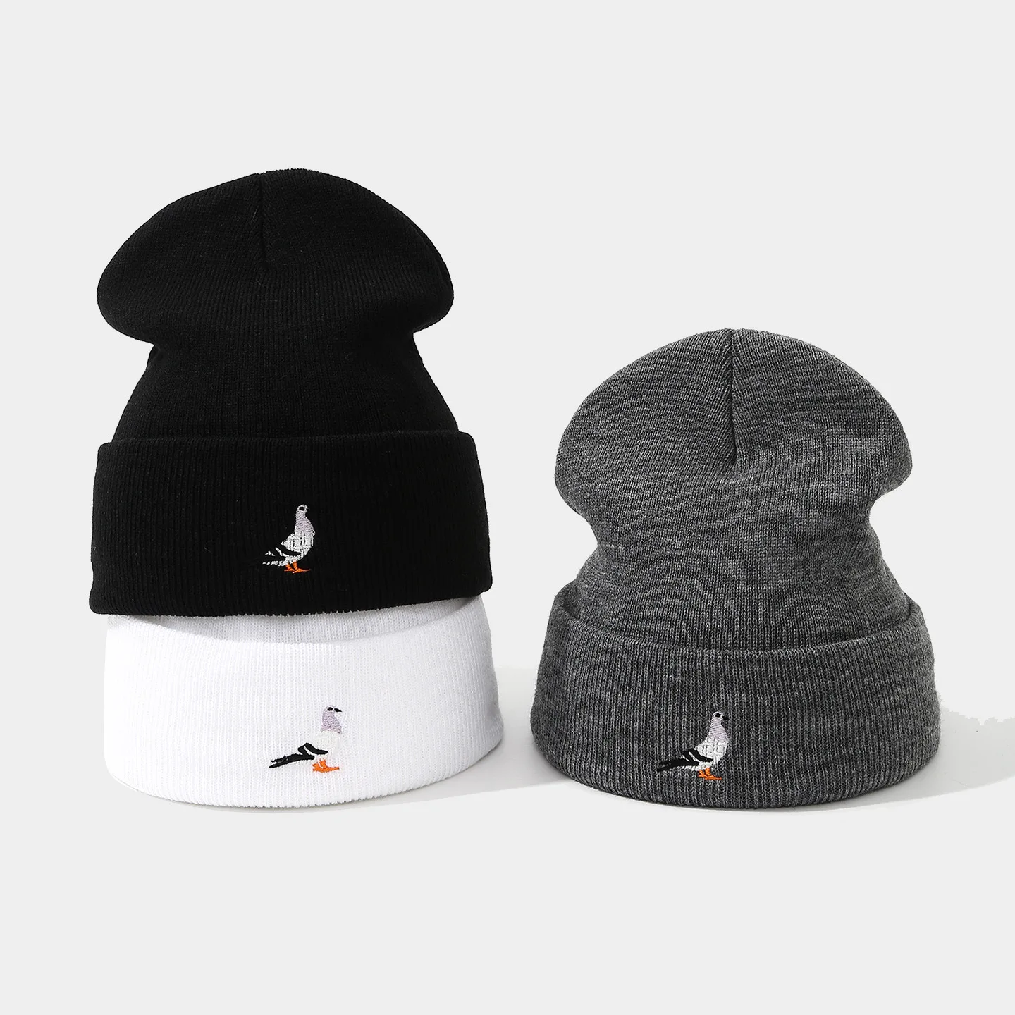 

Fashion Pigeon Embroidery Knitted Beanies for Men Women Outdoor Winter Warm Fishing Cap Solid Hip-hop Skullies Bonnet Hat