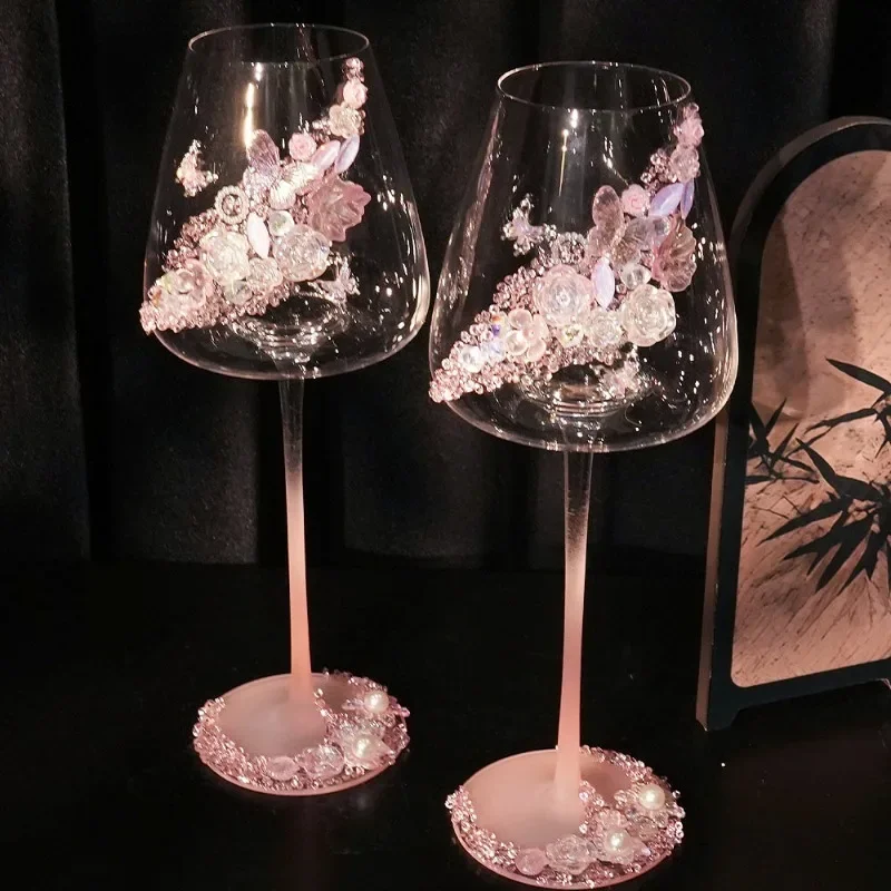 Newcomer wedding toast cup DIY pair of goblets material bag pink full diamond handmade gift wedding gift