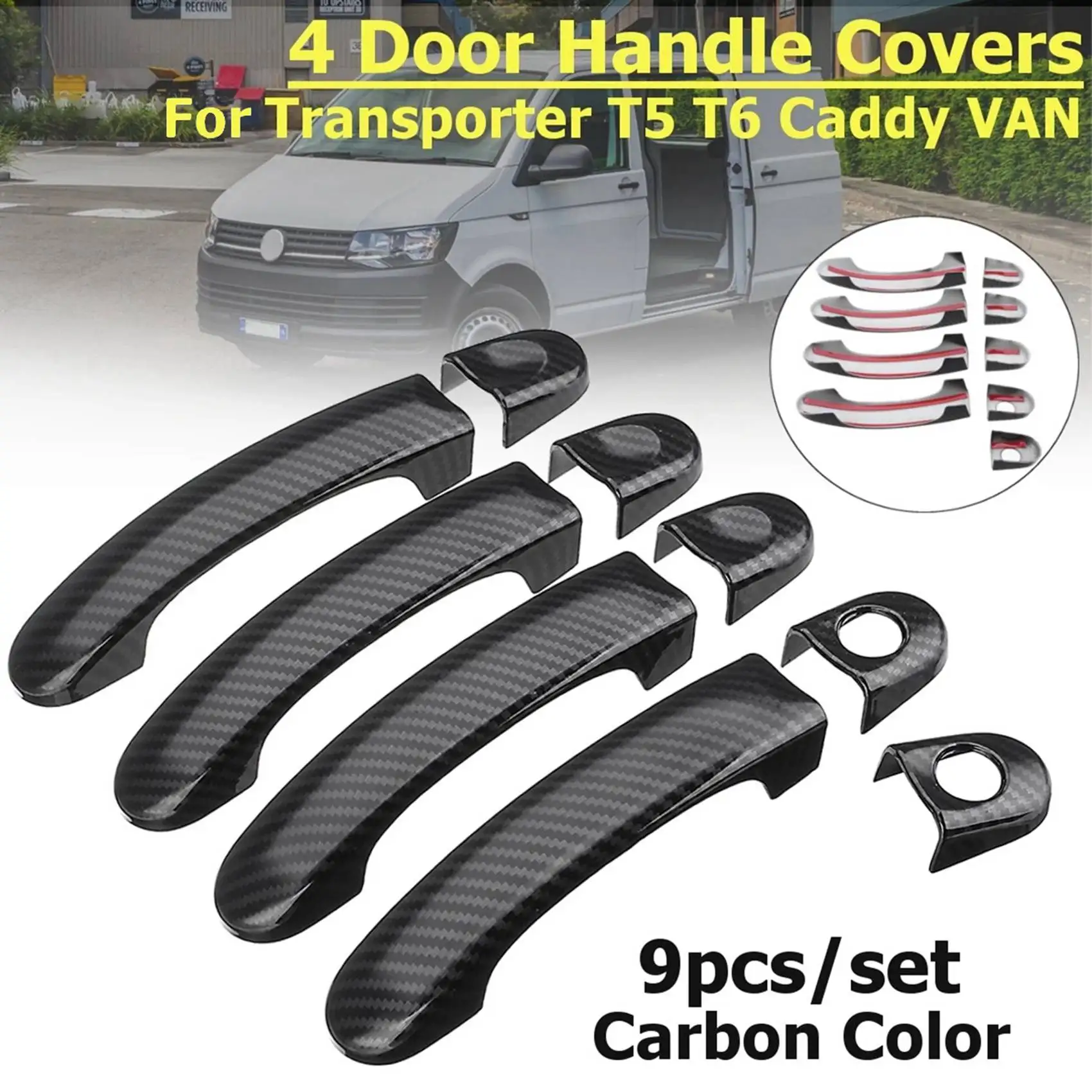 9Pcs Set ABS Chrome Door Handle Covers Trim for TRANSPORTER T5 T6 CADDY VAN 2003-2015 Carbon Fiber Style