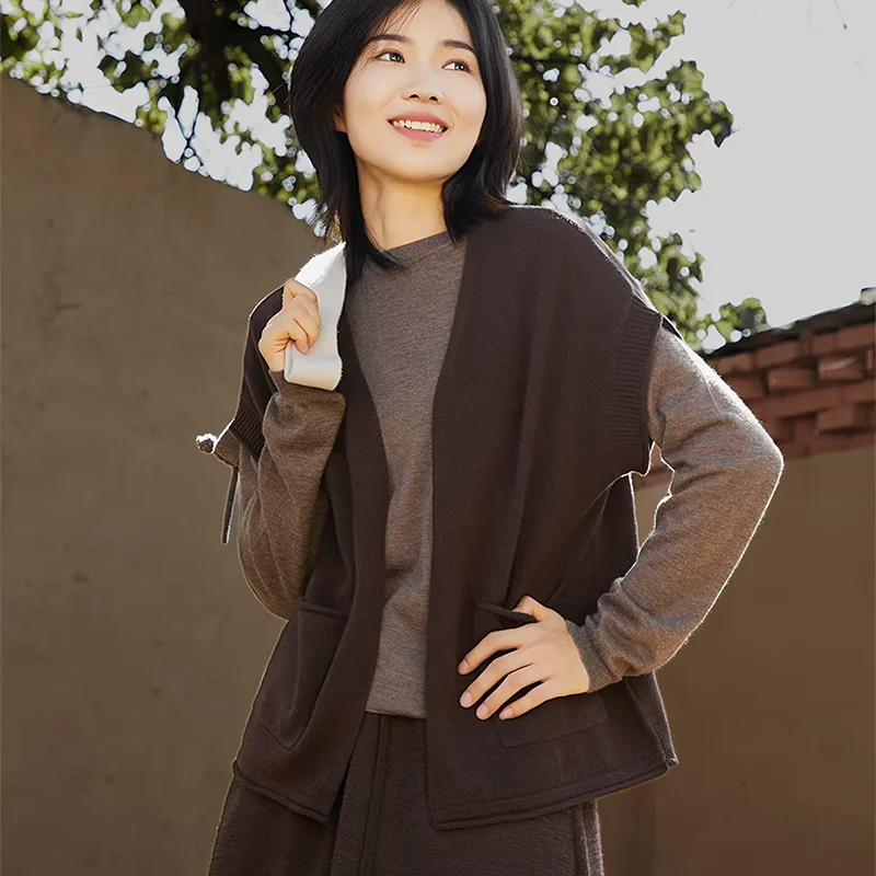 100% pure wool knitted cardigan vest women's buttonless sweater jacket autumn new versatile outerwear top loose