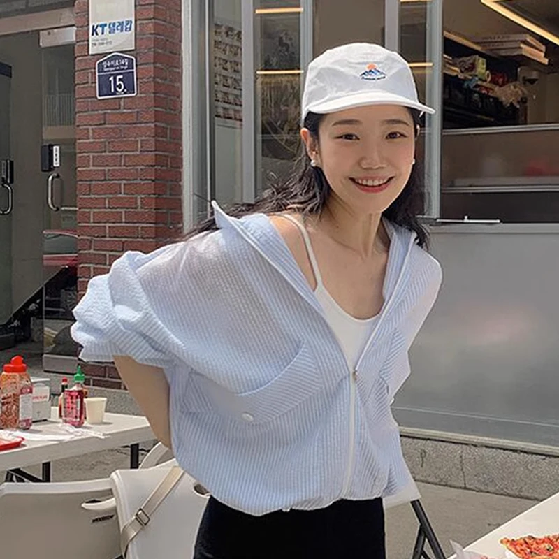 Roupas Casuais de Verão para Mulheres, Novo Casaco t Curto, Solto e Leve, Proteção Solar, Manga Longa com F de Zíper