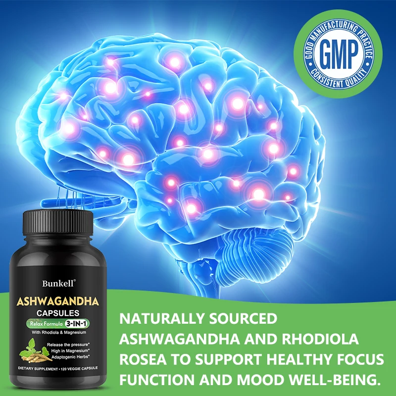 Organic Ashwagandha - 120 Veggie Capsules 3-in-1 with Rhodiola Rosea & Magnesium - Stress Relief, Mood, Focus, Brain Function