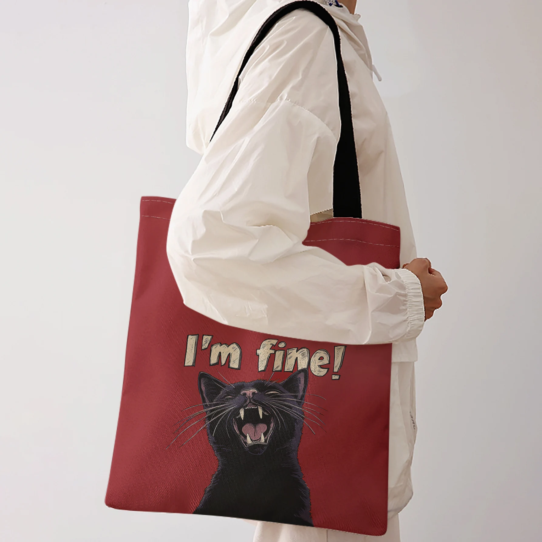 I'm Fine Screaming Black Cat Print Tote Bag Large Capacity Shoulder Bag For Shopping Travel Daily Use