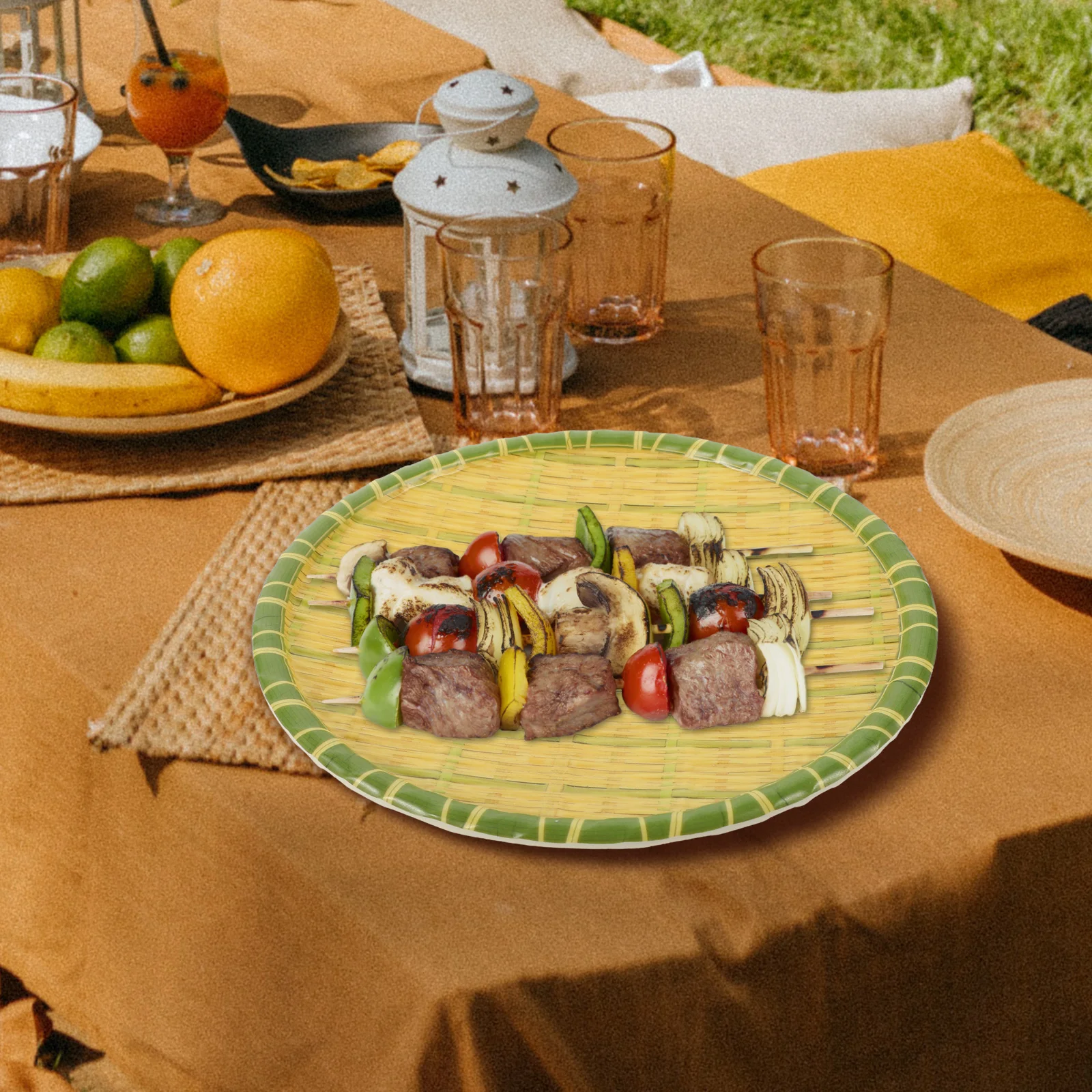 

2pcs Round Woven Kitchen Serving Tray Plastic Food Dish For Hot Pot Dessert Fruit Salad Coffee Table Display Tableware Platter