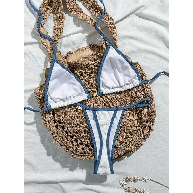 Women Shell Jacquard Textured Bikini Set Contrast Binding Halter Tie‑Side 2‑Piece Swimsuit Multi‑Color Summer Beach Bathing Suit