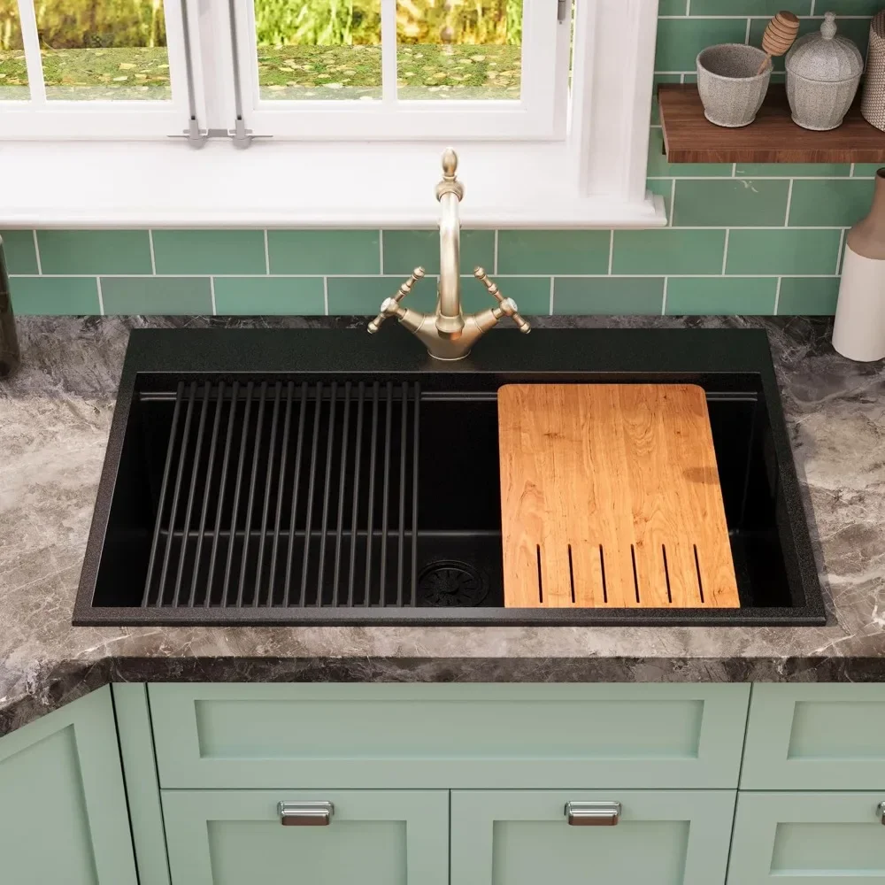 Granite Composite Drop In Kitchen Sink, Large Kitchen Sink, Top Mount Single Bowl Kitchen Sink with Integrated Ledge