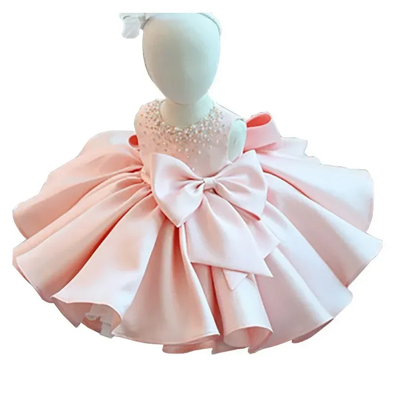 Girl\'s Bow Summer Girl Dress Bow Long Ball Gown Sleeveless Birthday Princess Dress Pearl  Birthday Party Evening Dress 1-10 Y