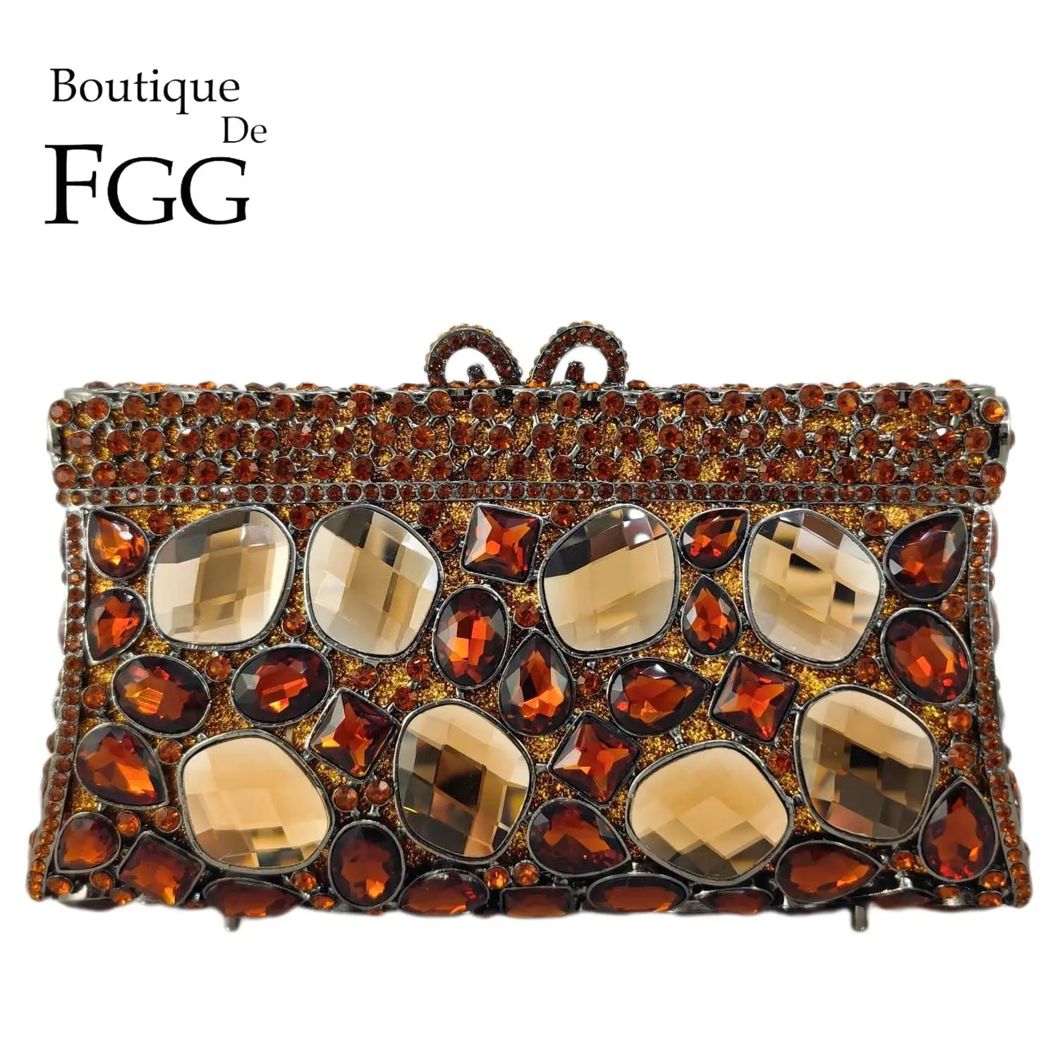 

Boutique De FGG Big Gems Women Brown Crystal Clutch Bags Formal Party Rhinestone Evening Handbags and Purses Bridal Wedding Bags