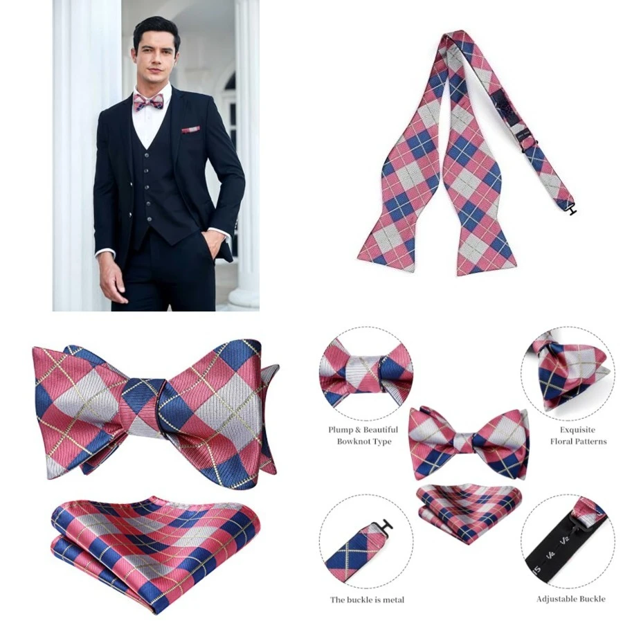 Corbatas de Moño para Hombre, Diseño a Cuadros, Corbata de Moño y Pañuelo de Bolsillo, Conjunto Formal para Boda, Esmoquin