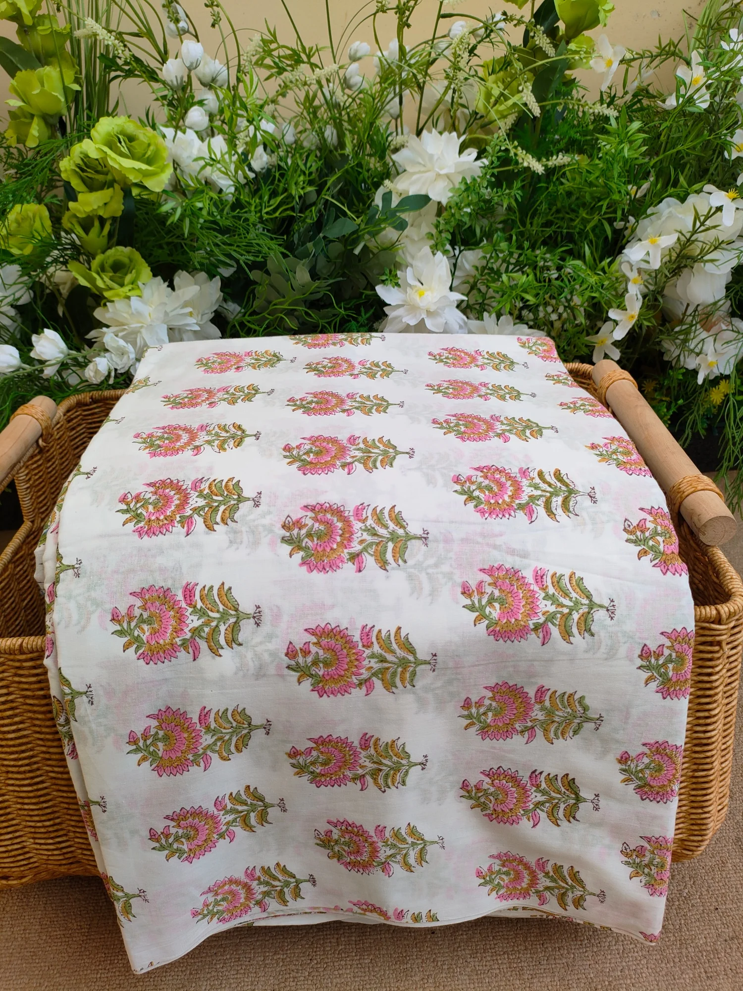 

India Hand Block Print Sanganeri White DIY pillow curtain quilt cover 100% cotton fabric