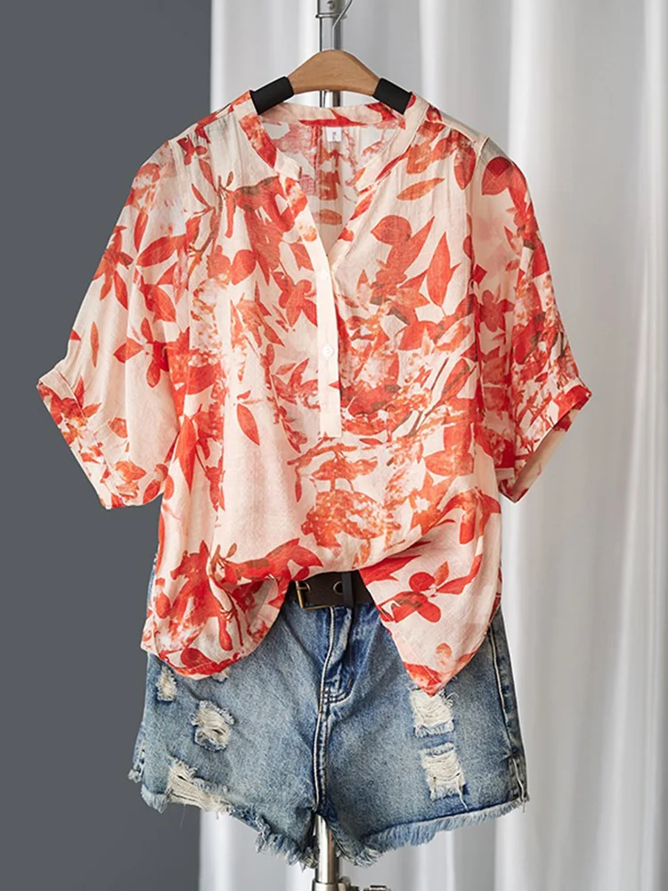 

Lightweight Breathable Cotton Linen ort Sve irt Women's Printed V-Ne Summer Top Comfortable Loose Fit Floral Print