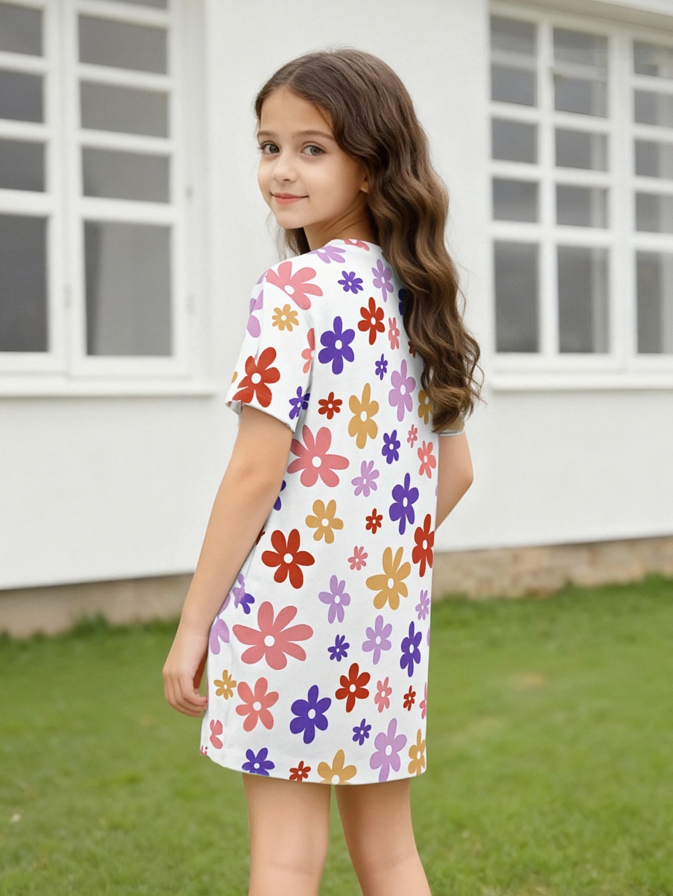 2026 girls summer short-sleeved T-shirt skirt, colorful small floral round neck loose and cute T-shirt skirt