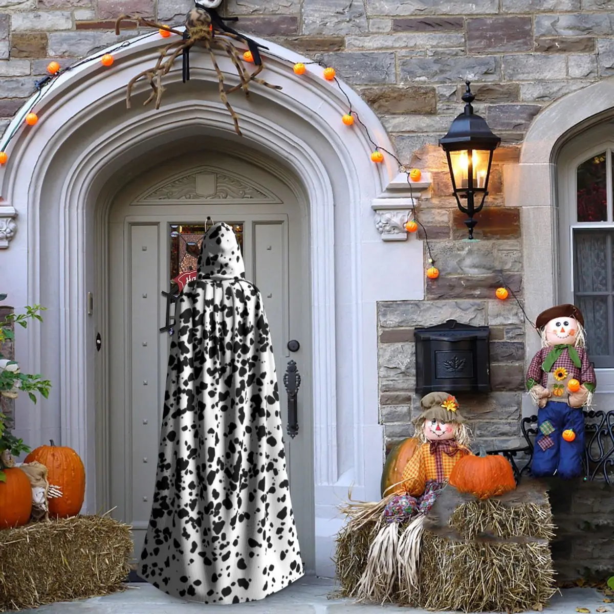 Capa longa com capuz com textura de cachorro dálmata, fantasia medieval de bruxa, capa cosplay, casaco de halloween adulto unissex