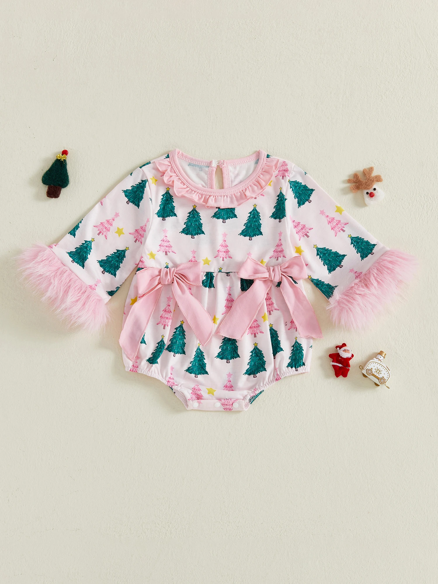 

Infant Girls Holiday Romper with Festive Tree Print Long Sleeves Ruffled Neckline and Adorable Bow Detail