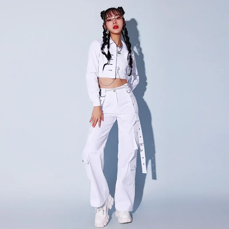 

Stage Costume Kpop Modern Dance Suit Jazz Hip Hop Top Cargo Pants White Party Korean Girl Group Suit Fancy White Rave Outfit