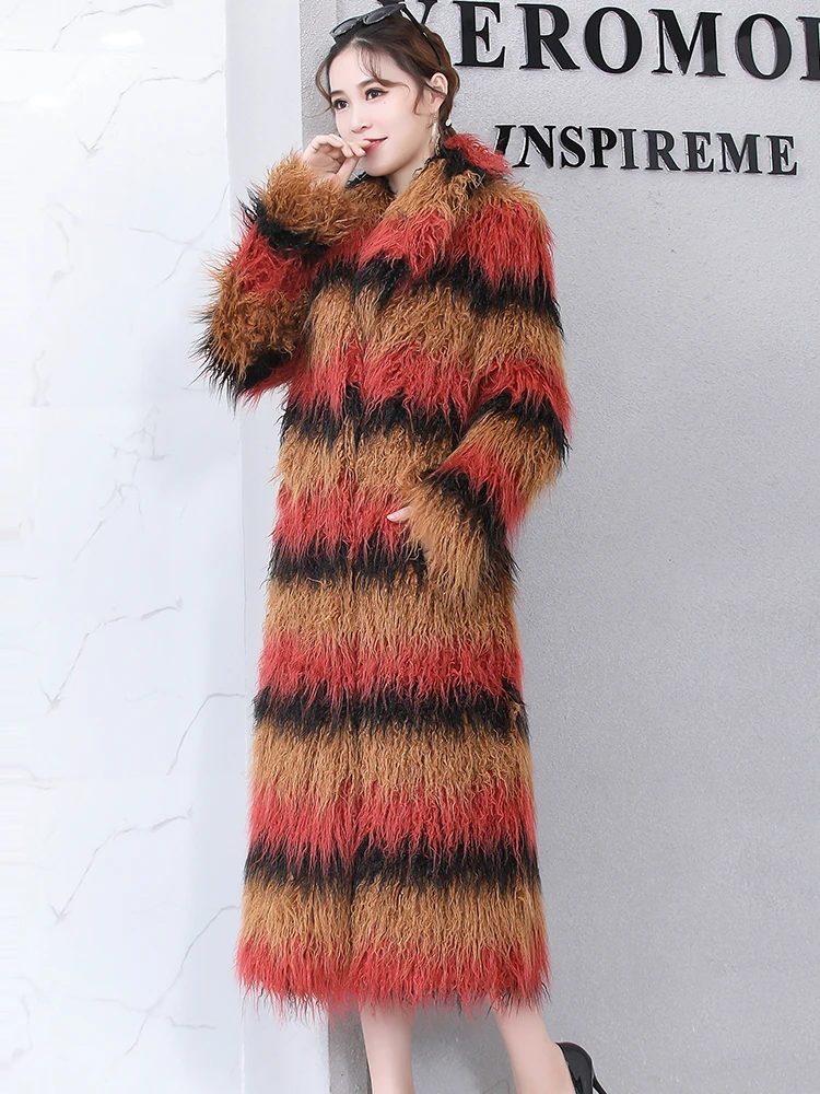 Nerazzurri Winter Long Colorful Warm Thick Shaggy Hairy Faux Mongolian Fur Coat Women Lapel Luxury Designer Clothes Fashion 2022