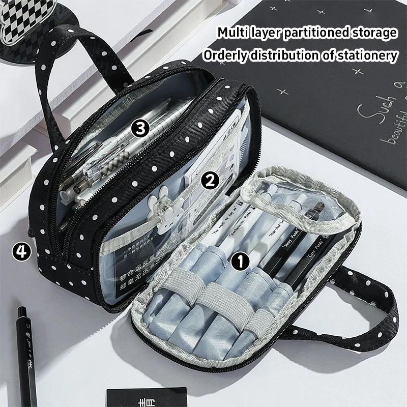 Plaid Polka Dot Lace Pencil Case Large Capacity Multi Compartment Lace Stationery Pouch Clear Itabag Handheld Lace Pen Bag