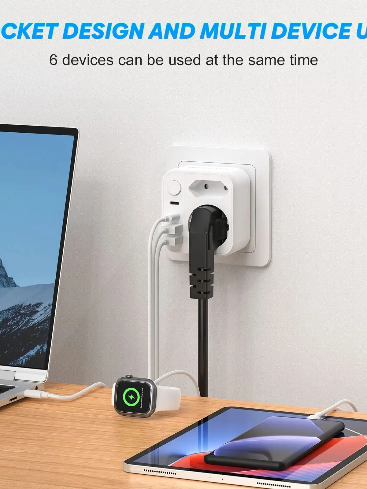 Prise adaptateur secteur ue 6 en 1 avec prise Euro/Schuko USB C/USB A17W, charge rapide/protections multiples, essentiel pour les voyages