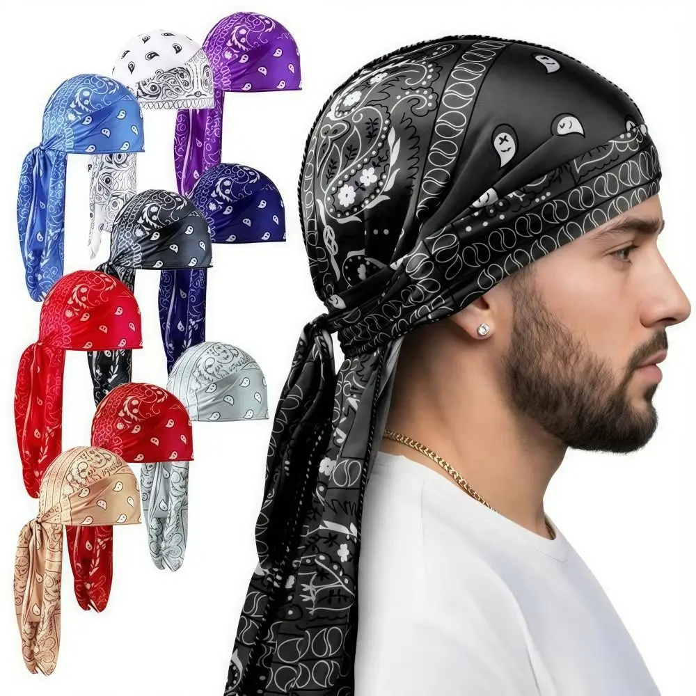 Trends Amoeba Print Men's Headscarf Breathable Lightweight Long Tail Pirate Cap Wave Print Imitation Silk Hip Hop Hat Outdoor