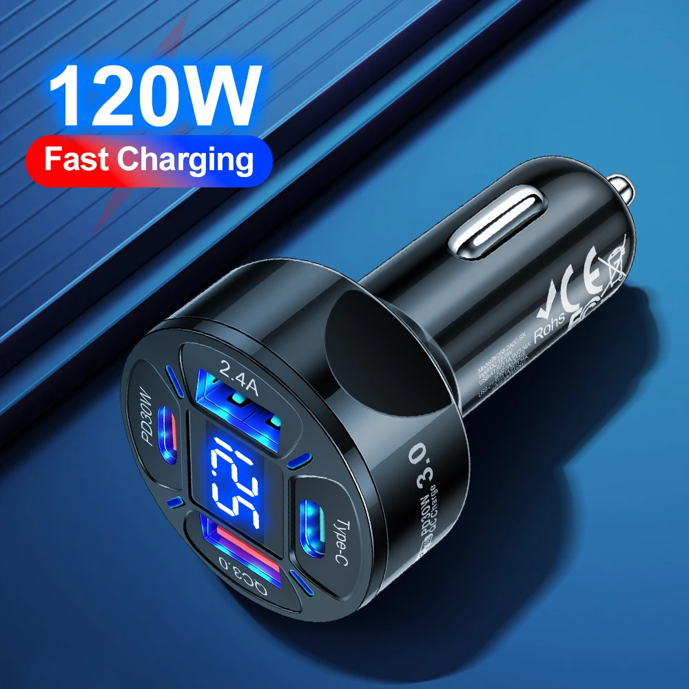 120W 4 Ports Car Charger Fast Charging PD QC3.0 USB C Car Phone Charger Type C Adapter in Car For iPhone Samsung Huawei Xiaomi