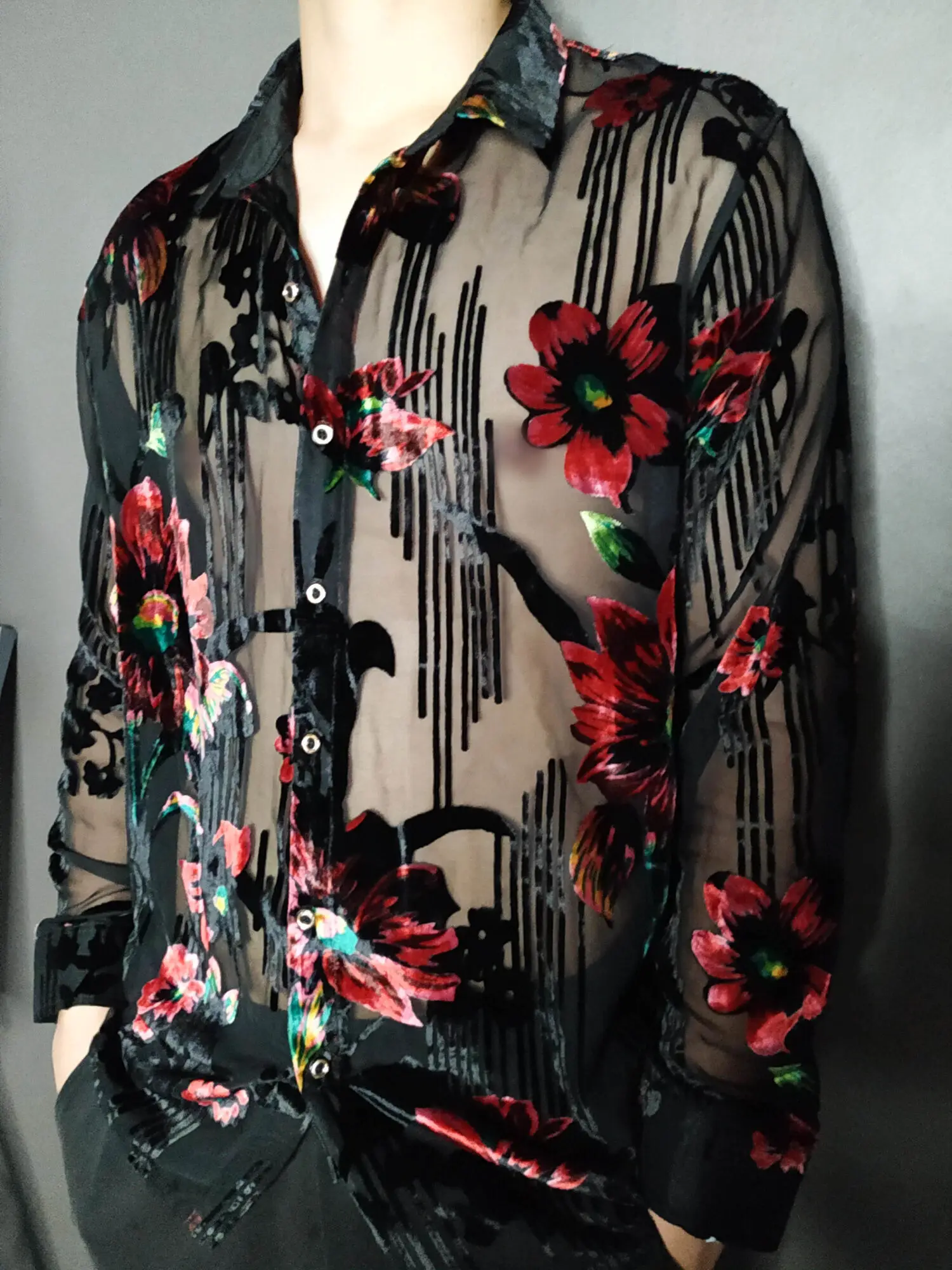 High Quality See Through Shirt Transparent Men Button Up Marriage Shirt Chemise Homme Manche Longue Imiatate Silk Sheer Shirt