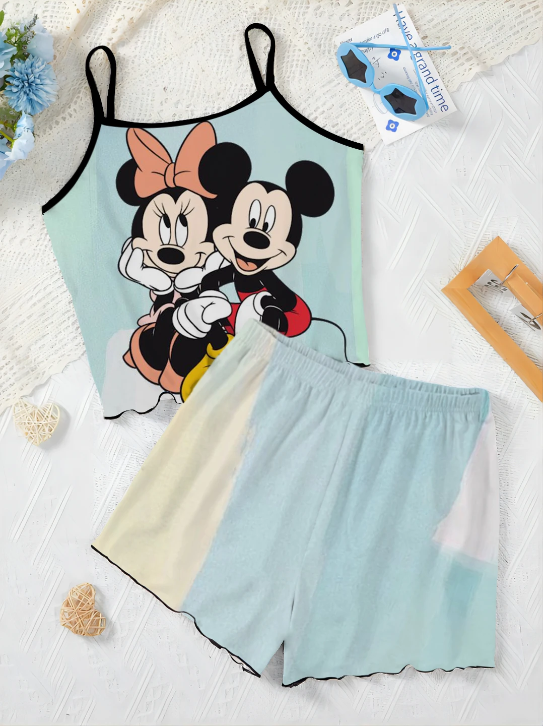 Kurze Sets für Frauen 2 Stück Damen anzug Home Kleid Minnie Maus T-Shirt Mickey Top Disney Salat Trim Pyjama Rock elegant