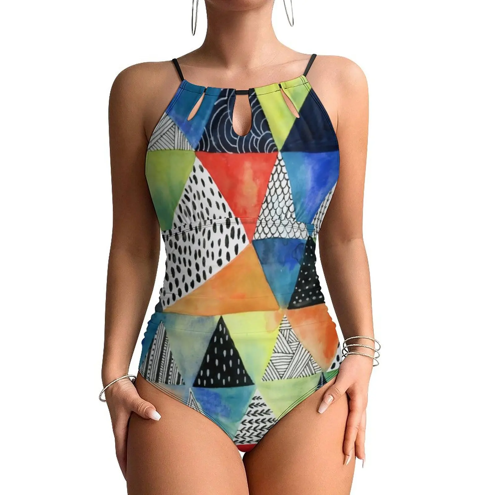 Abstract Geometry Swimsuit Sexy Doodled Print Women Swimwear One Piece Fashion Bodysuit Holiday Rave Push Up Halter Bathing Suit