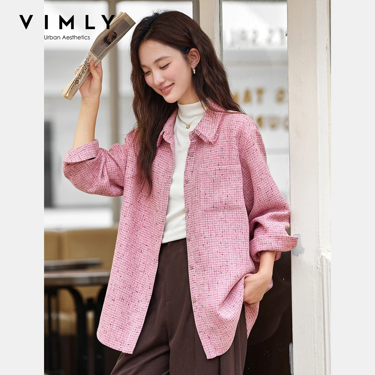 VIMLY  Vintage Woven Tweed Jacket Coat Women Autumn 2025 Small Fragrance Full Sleeve Ladies Coats Patchwork Outerwear A2357
