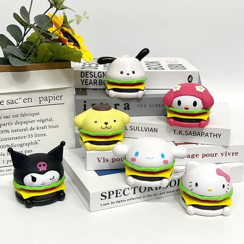 6Pcs/set Sanrio Hamburger Figure Doll Kawaii Cinnamoroll Hello Kitty Kuromi Melody Decoration Model Desktop Toy Car Ornament