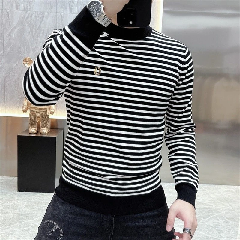 Men Clothing Autumn Winter Korean Fashion Striped Embroidery Long Sleeve T-shirt Y2K Male Casual O Neck Slim Basic Pullover Tops