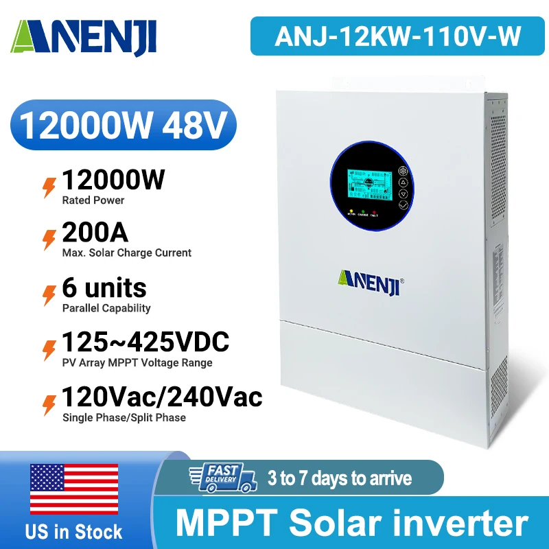 

Инвертор ANENJI 12 кВт, двухфазный, 48В/110В/240В, гибридный солнечный инвертор с двойным MPPT, параллельным выходом, Wi-Fi, MPPT 200А, в наличии в США.